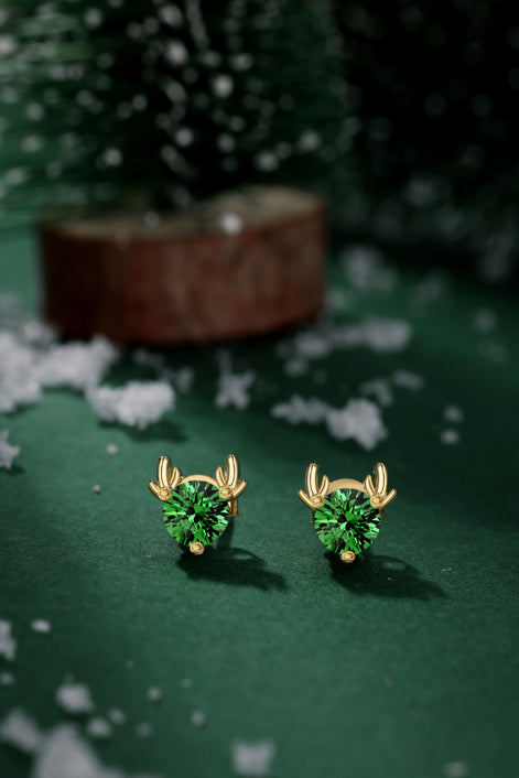 Reindeer earrings made of 925 silver gold-plated 14K with green zirconia stones