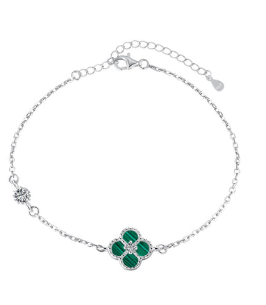 925 Silver Bracelet Cloverleaf Zirconia Green &amp; White - Adjustable