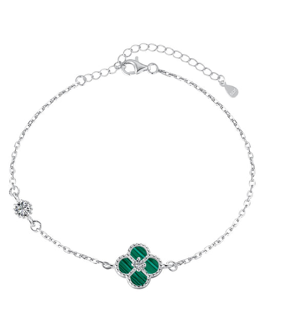925 Silver Bracelet Cloverleaf Zirconia Green &amp; White - Adjustable