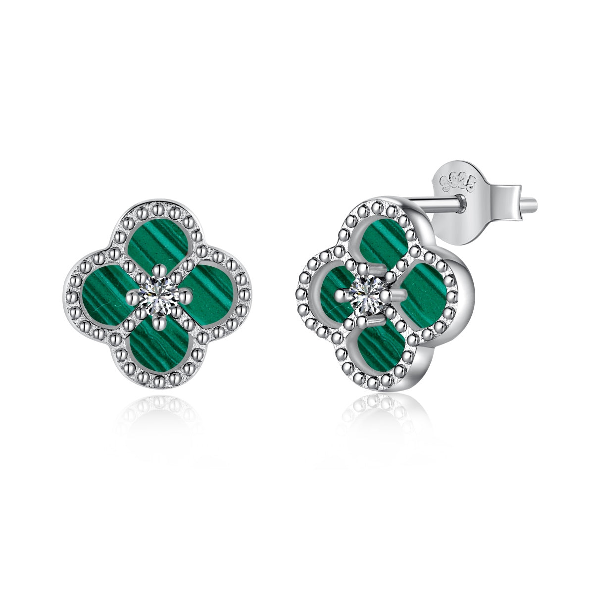 Cloverleaf stud earrings 925 silver zirconia flower, silver, green, black, grey