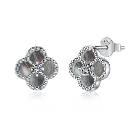 Cloverleaf stud earrings 925 silver zirconia flower, silver, green, black, grey