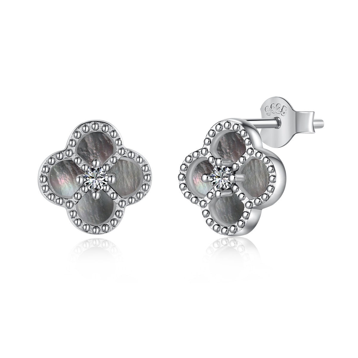 Cloverleaf stud earrings 925 silver zirconia flower, silver, green, black, grey