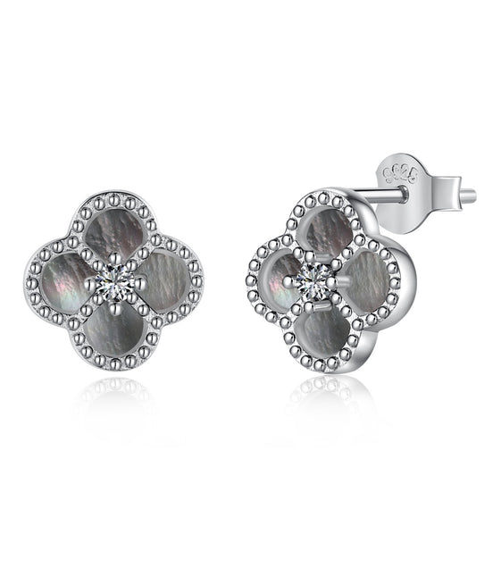 Cloverleaf stud earrings 925 silver zirconia flower, silver, green, black, grey