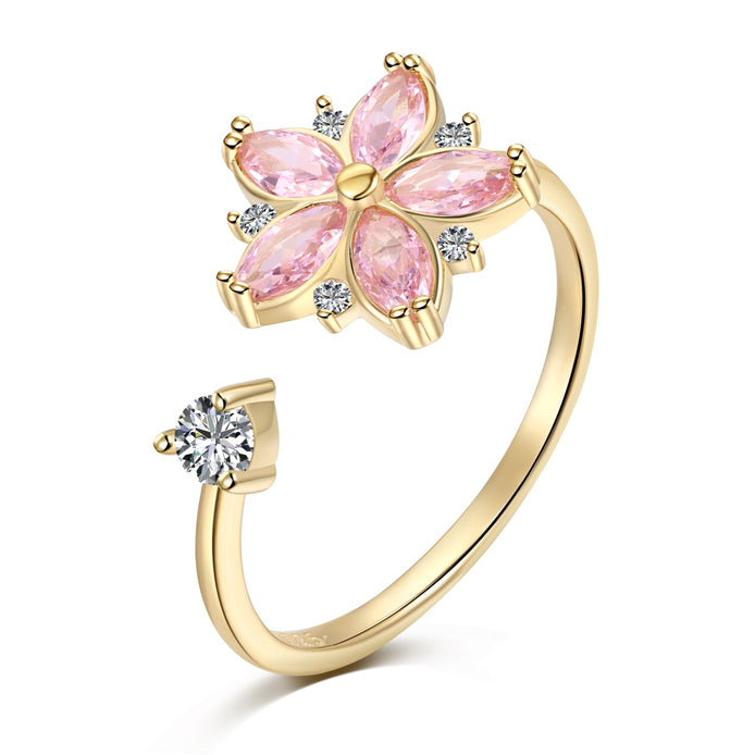 Adjustable 925 silver ring – 18K gold-plated with zirconia flower