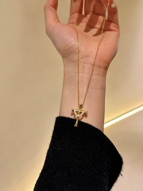 14K gold-plated chain made of 925 sterling silver with cross pendant &amp; heart