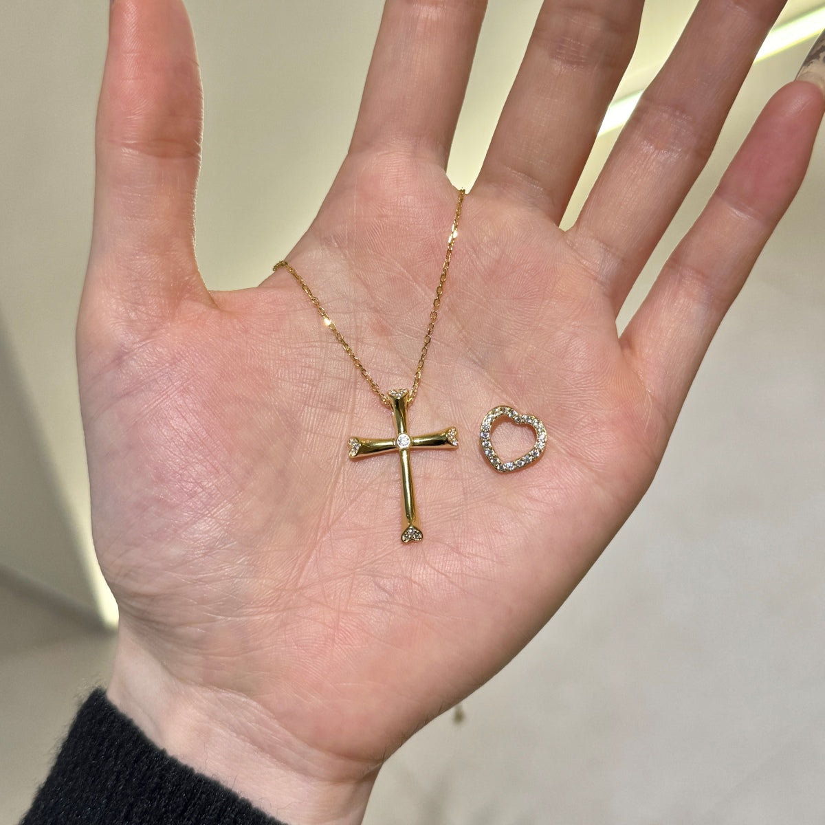 14K gold-plated chain made of 925 sterling silver with cross pendant & heart