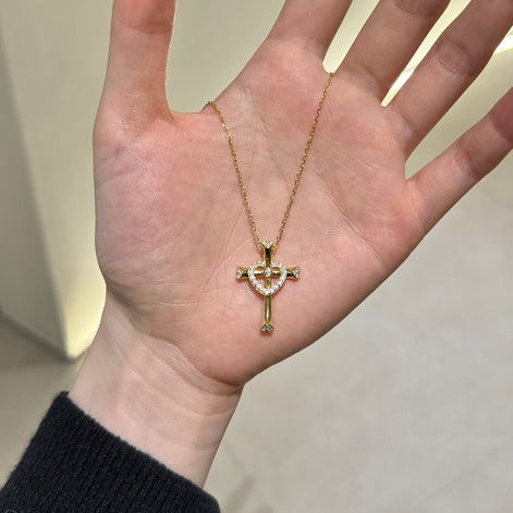 14K gold-plated chain made of 925 sterling silver with cross pendant &amp; heart