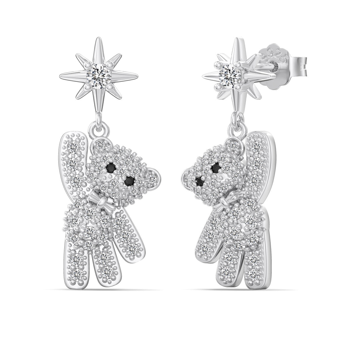 Teddy bear sterling silver earrings with zirconia stones