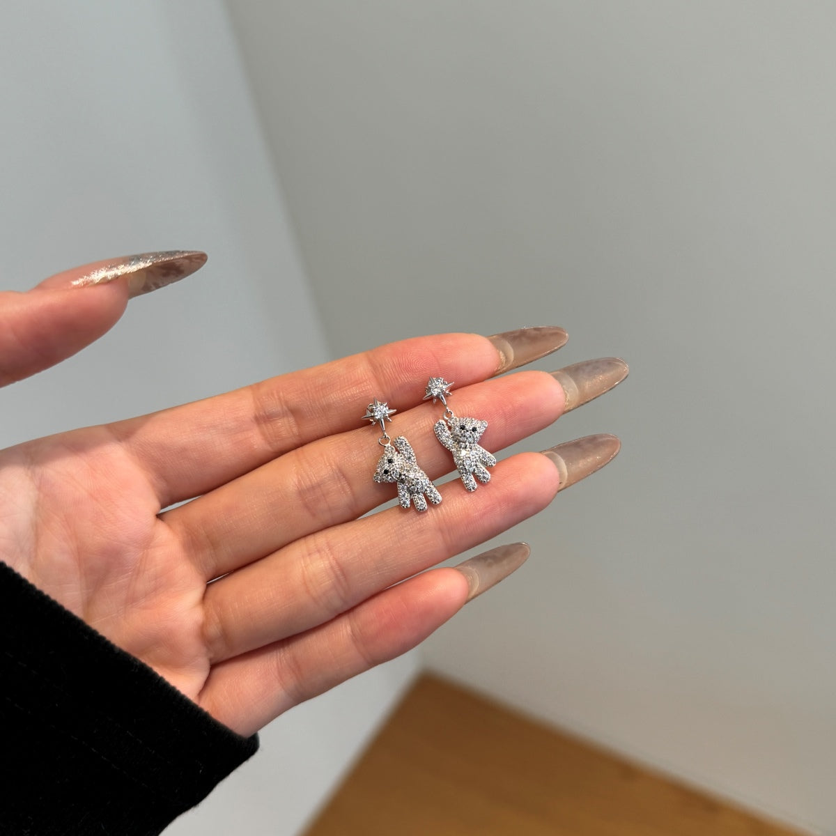 Teddy bear sterling silver earrings with zirconia stones