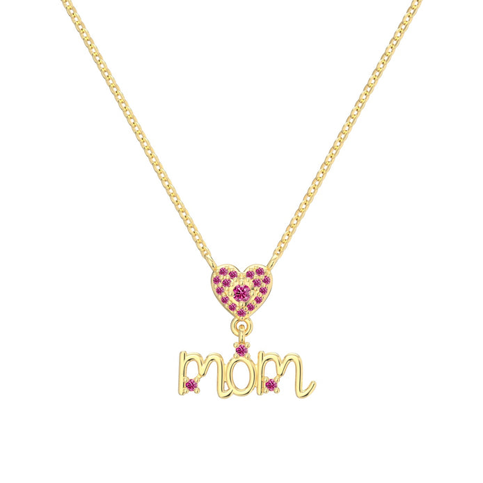 14K gold-plated necklace made of 925 sterling silver with “MOM” pendant &amp; heart made of pink zirconia