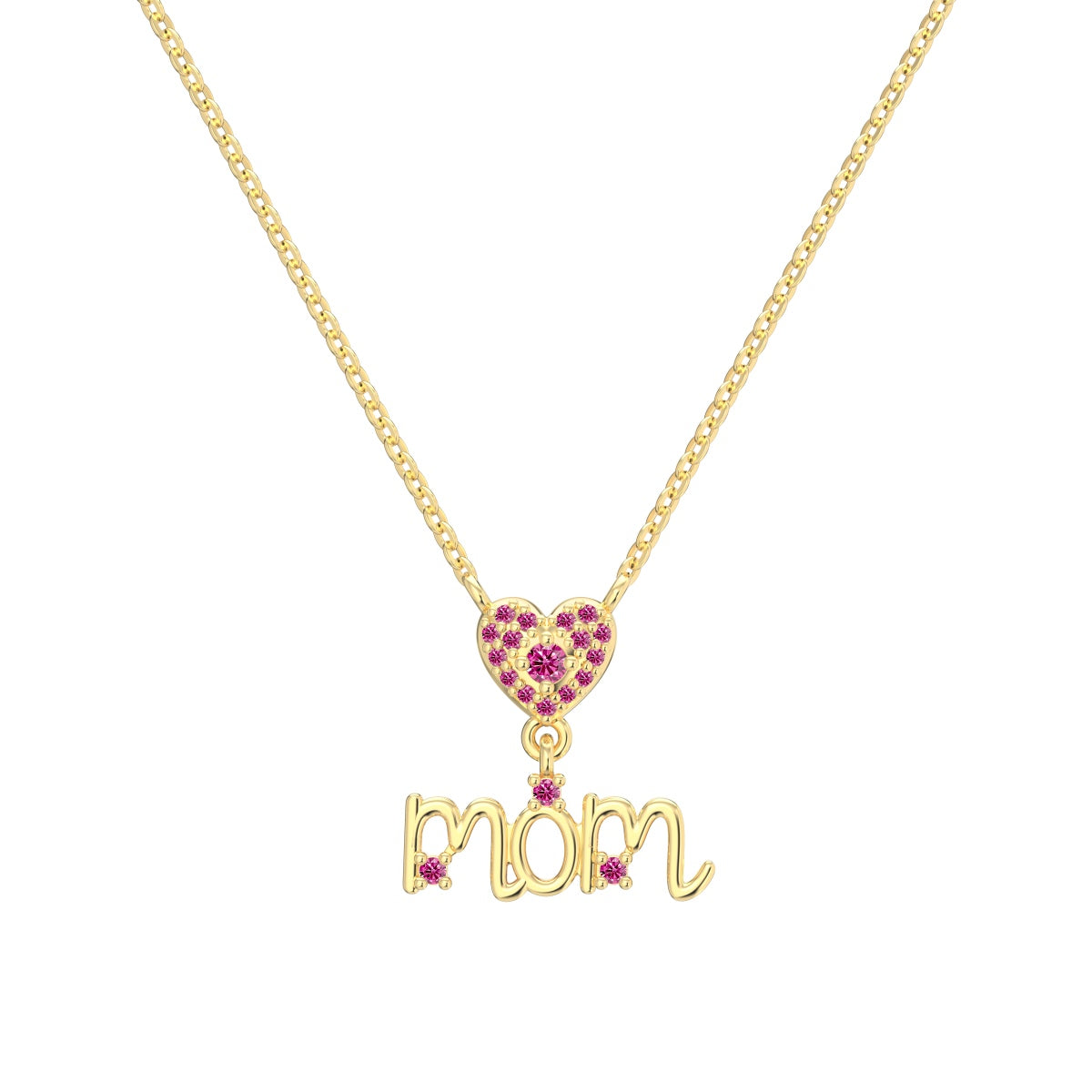 14K gold-plated necklace made of 925 sterling silver with “MOM” pendant & heart made of pink zirconia