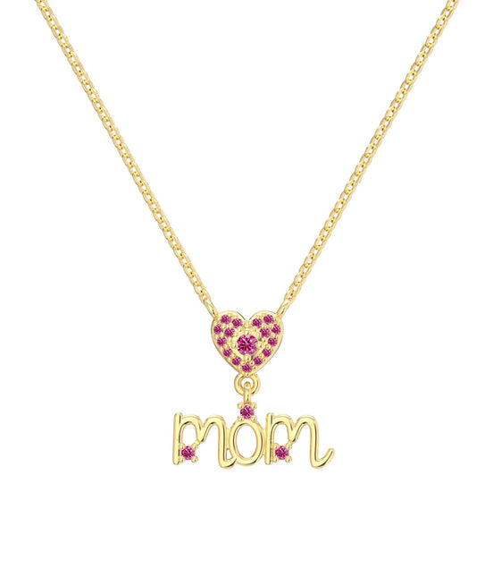 14K gold-plated necklace made of 925 sterling silver with “MOM” pendant &amp; heart made of pink zirconia
