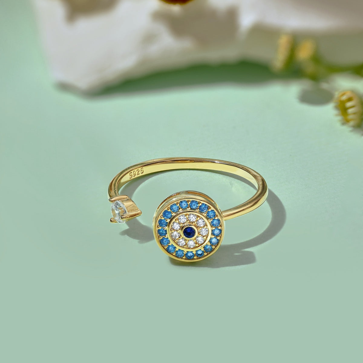 خاتم فضة عيار 925 قابل للتعديل، مطلي بالذهب عيار 18 قيراطًا مع عين شرقية