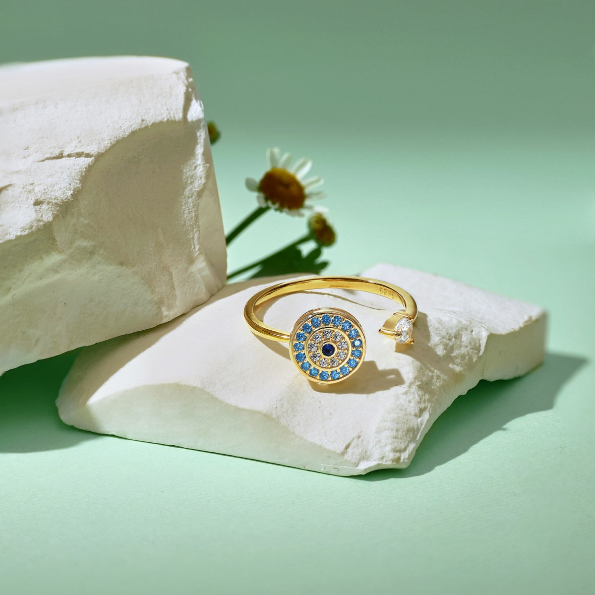 خاتم فضة عيار 925 قابل للتعديل، مطلي بالذهب عيار 18 قيراطًا مع عين شرقية
