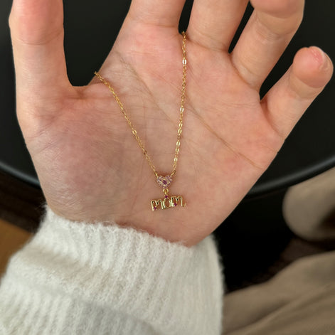 14K gold-plated necklace made of 925 sterling silver with “MOM” pendant &amp; heart made of pink zirconia