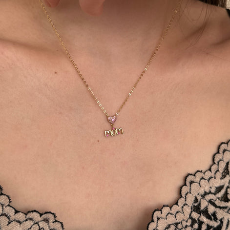14K gold-plated necklace made of 925 sterling silver with “MOM” pendant &amp; heart made of pink zirconia