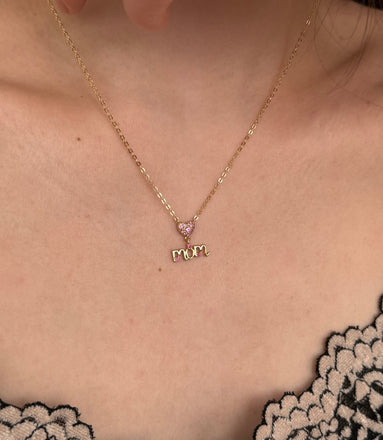 14K gold-plated necklace made of 925 sterling silver with “MOM” pendant &amp; heart made of pink zirconia