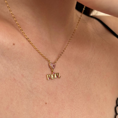 14K gold-plated necklace made of 925 sterling silver with “MOM” pendant &amp; heart made of pink zirconia