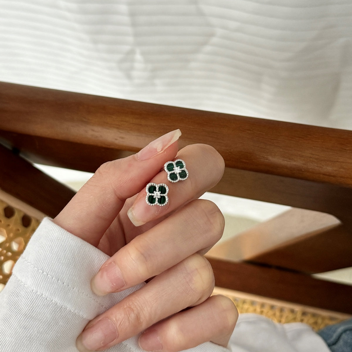 Cloverleaf stud earrings 925 silver zirconia flower, silver, green, black, grey