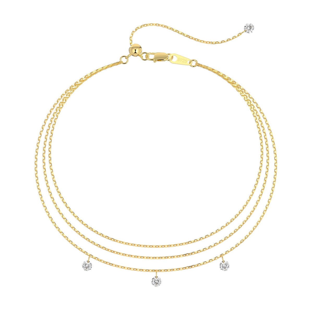 Bracelet 925 silver, 18K gold-plated – triple wrapped with 3x zirconia pendants