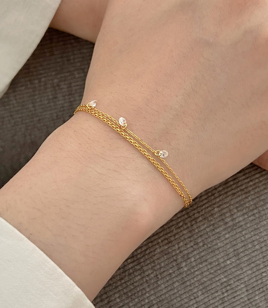 Bracelet 925 silver, 18K gold-plated – triple wrapped with 3x zirconia pendants