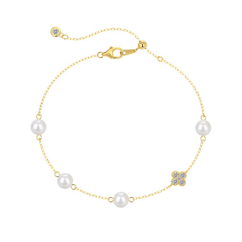 Bracelet 925 silver, 18K gold-plated with pearls &amp; clover pendant with zirconia