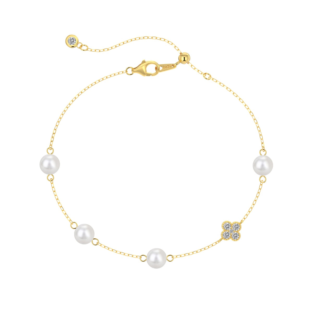 Bracelet 925 silver, 18K gold-plated with pearls & clover pendant with zirconia
