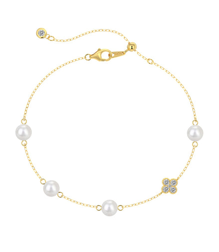 Bracelet 925 silver, 18K gold-plated with pearls &amp; clover pendant with zirconia