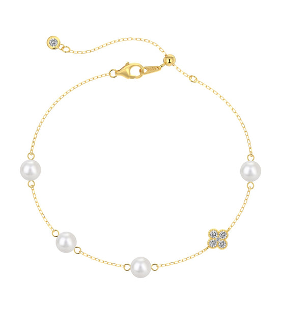 Bracelet 925 silver, 18K gold-plated with pearls &amp; clover pendant with zirconia