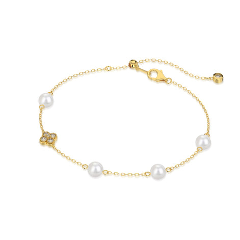 Bracelet 925 silver, 18K gold-plated with pearls &amp; clover pendant with zirconia