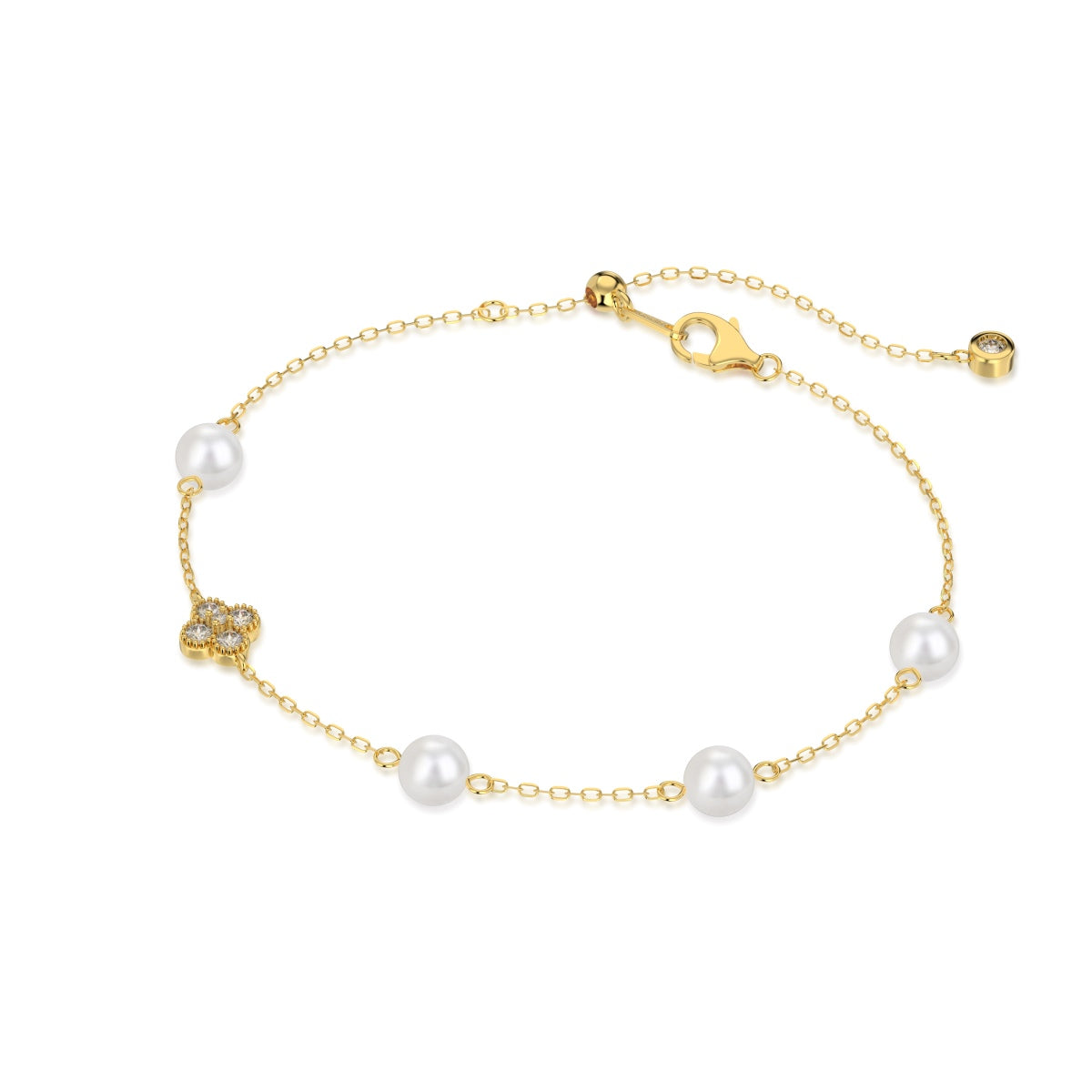 Bracelet 925 silver, 18K gold-plated with pearls & clover pendant with zirconia
