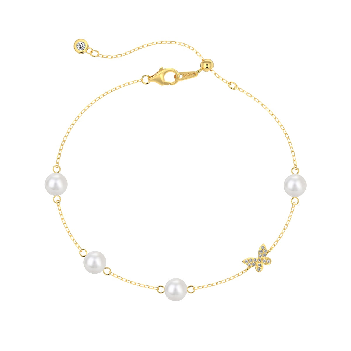 Gold-plated bracelet made of 925 sterling silver with pearls and butterfly