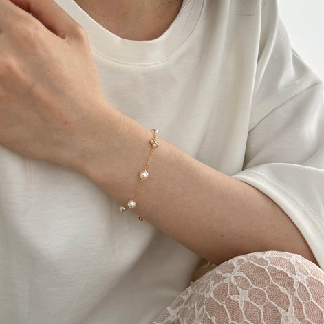 Bracelet 925 silver, 18K gold-plated with pearls &amp; clover pendant with zirconia