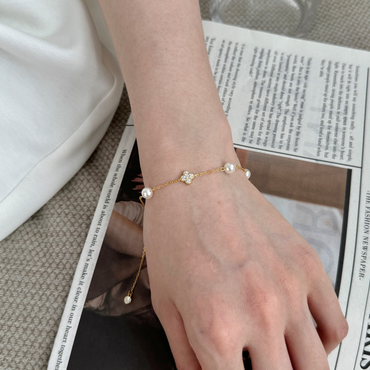 Bracelet 925 silver, 18K gold-plated with pearls & clover pendant with zirconia