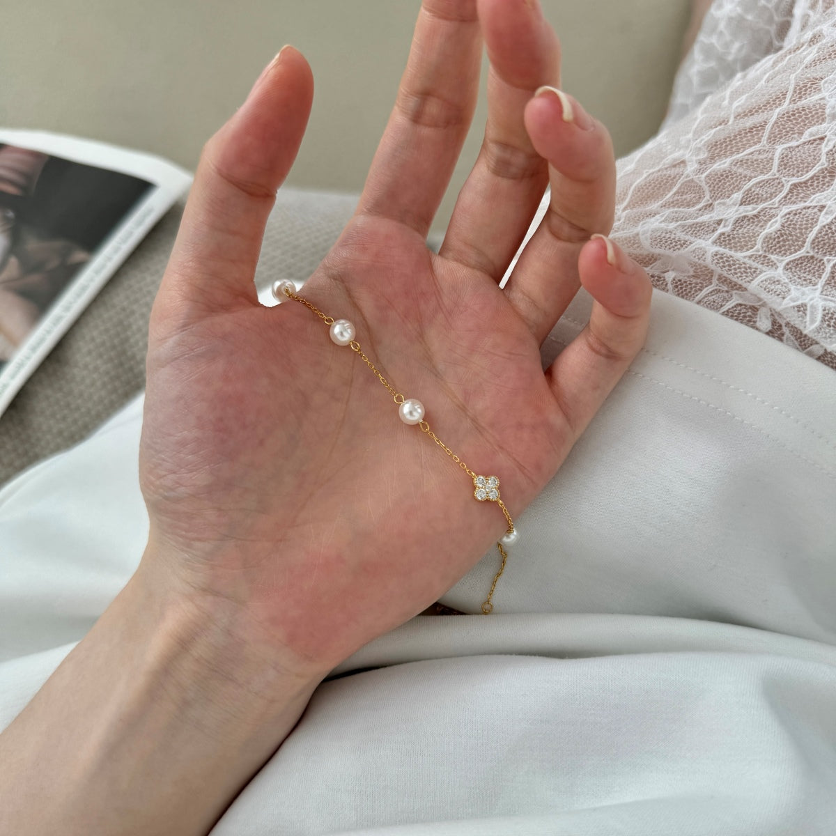 Bracelet 925 silver, 18K gold-plated with pearls & clover pendant with zirconia