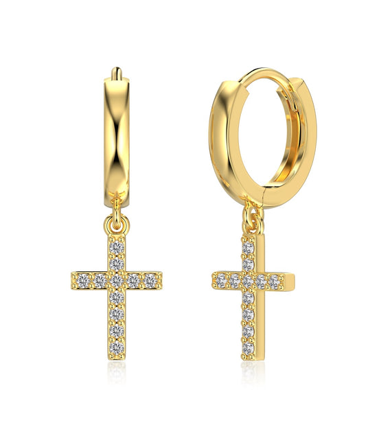 Hanging cross earrings with zirconia made of 925 silver, 18K gold-plated