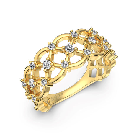 خاتم أنيق من الفضة عيار 925 مرصع بالزركونيا وتصميم مضفر، مطلي بالذهب