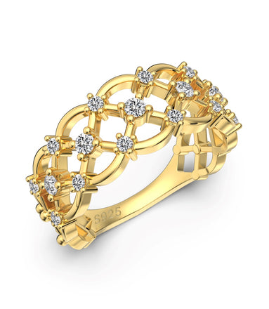 Elegant 925 silver ring with zirconia and braided design, gold-plated