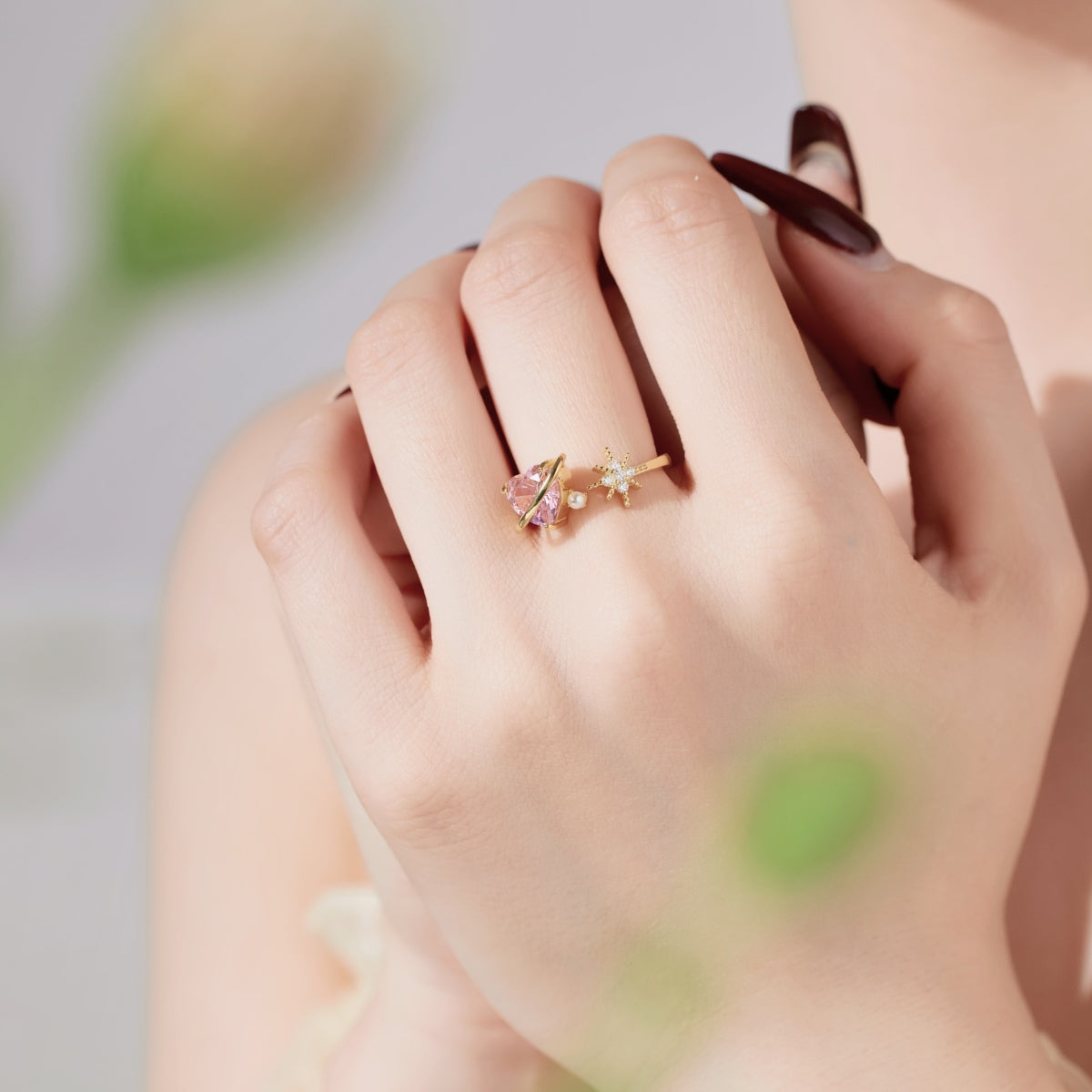 18K gold-plated 925 silver ring with pink heart zirconia and pearl