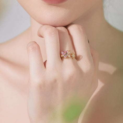 18K gold-plated 925 silver ring with pink heart zirconia and pearl