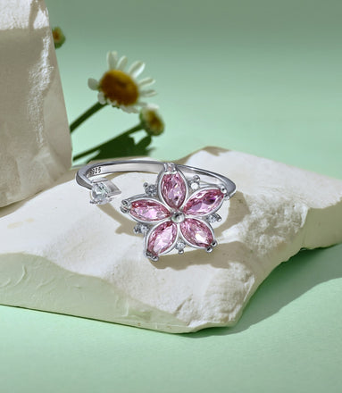 Adjustable 925 silver ring with zirconia flower