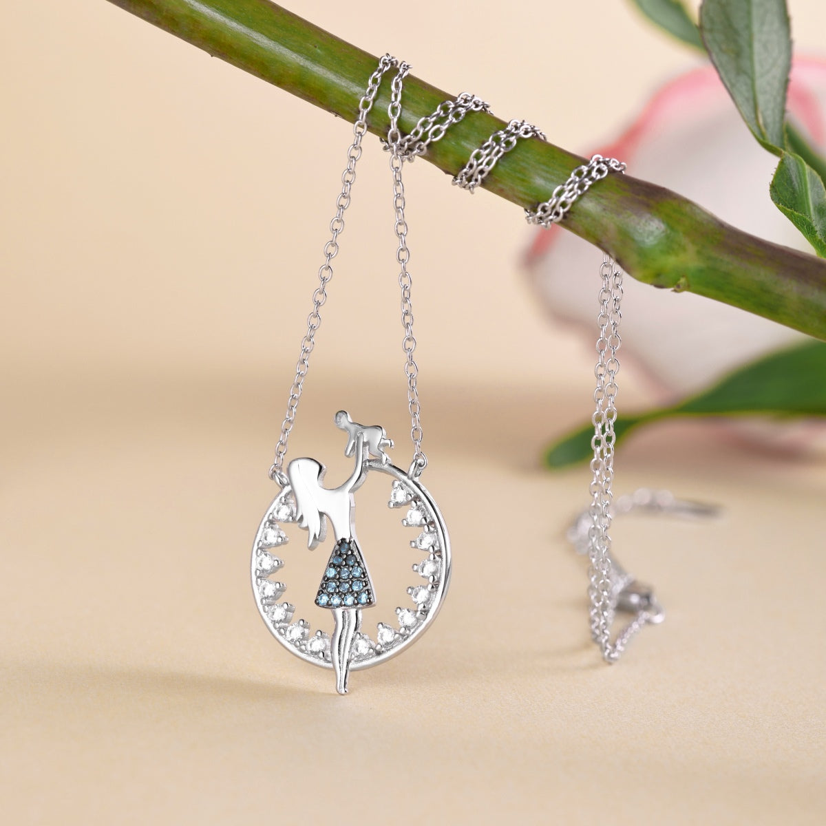 Necklace made of 925 sterling silver with mother-child pendant & zirconia