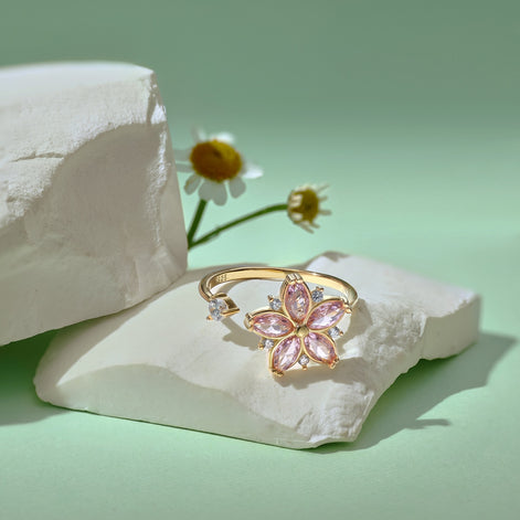 Adjustable 925 silver ring – 18K gold-plated with zirconia flower