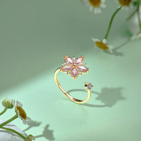 Adjustable 925 silver ring – 18K gold-plated with zirconia flower
