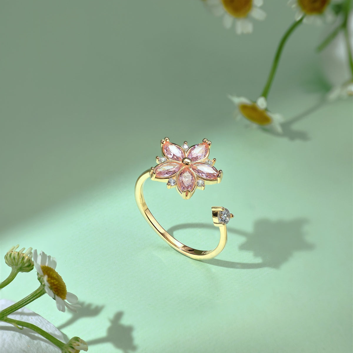 Adjustable 925 silver ring – 18K gold-plated with zirconia flower