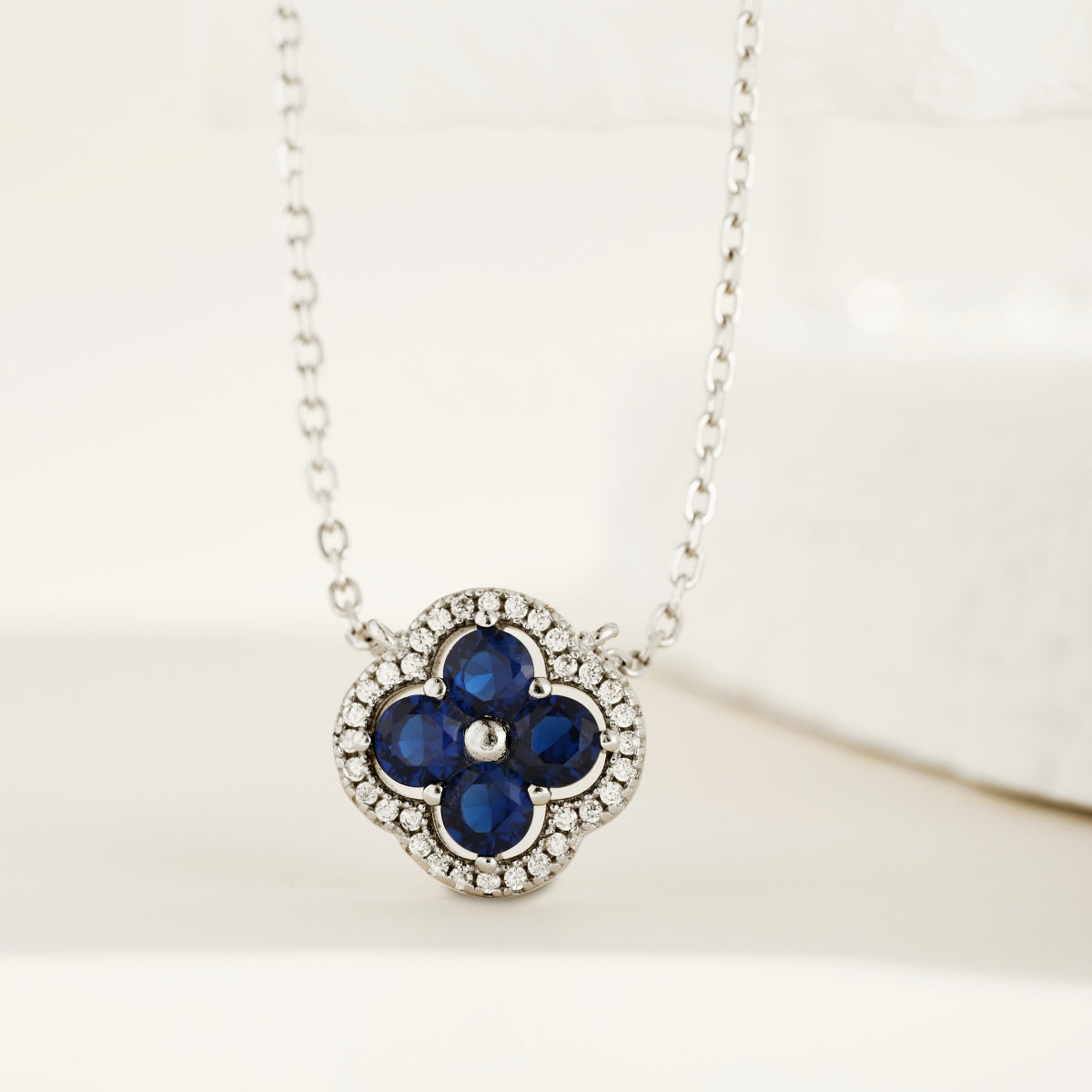 925 Sterling silver necklace with clover pendant & blue zirconia