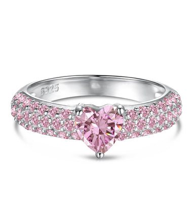 925 silver ring with heart zirconia in pink and sparkling zirconia edge