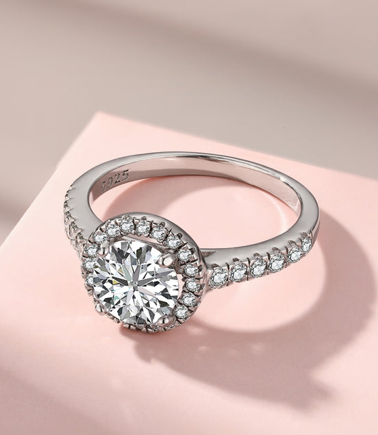 Silver ring with large diamond zirconia and zirconia setting