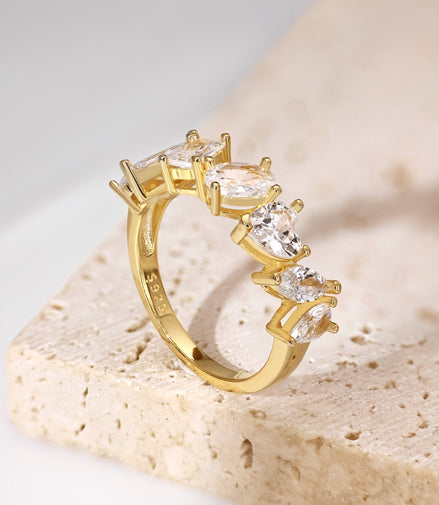 18K gold-plated 925 silver ring with 7 zirconia stones in different shapes
