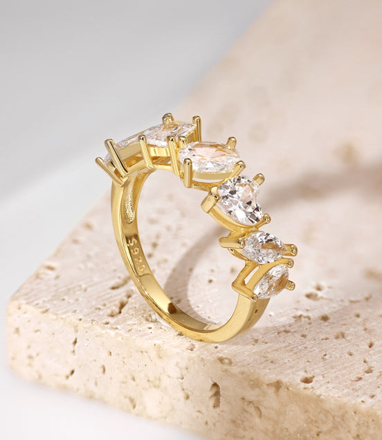 18K gold-plated 925 silver ring with 7 zirconia stones in different shapes